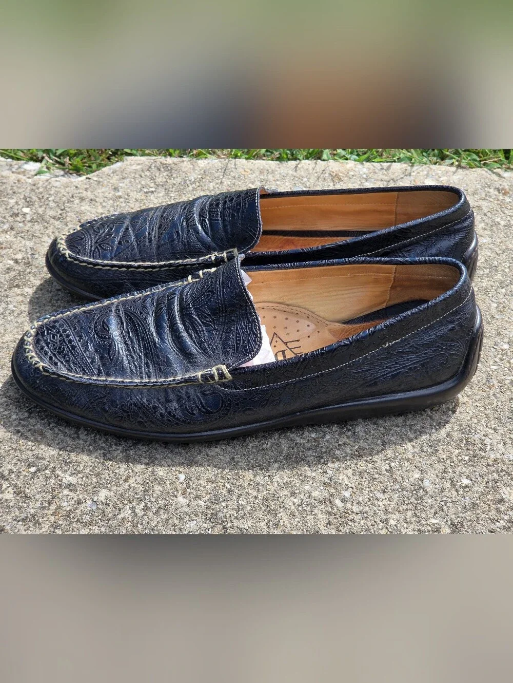 Martin Dingman Blue Paisley Tooled Leather Loafers Shoes 13